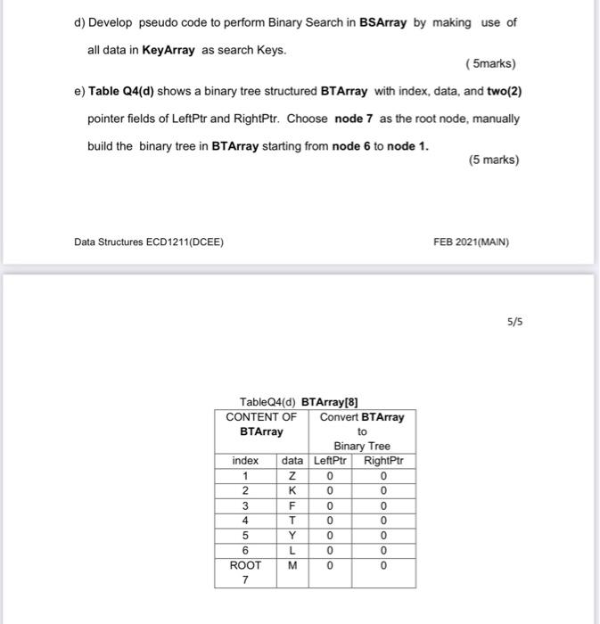  d) Develop pseudo code to perform Binary Search in BSArray by