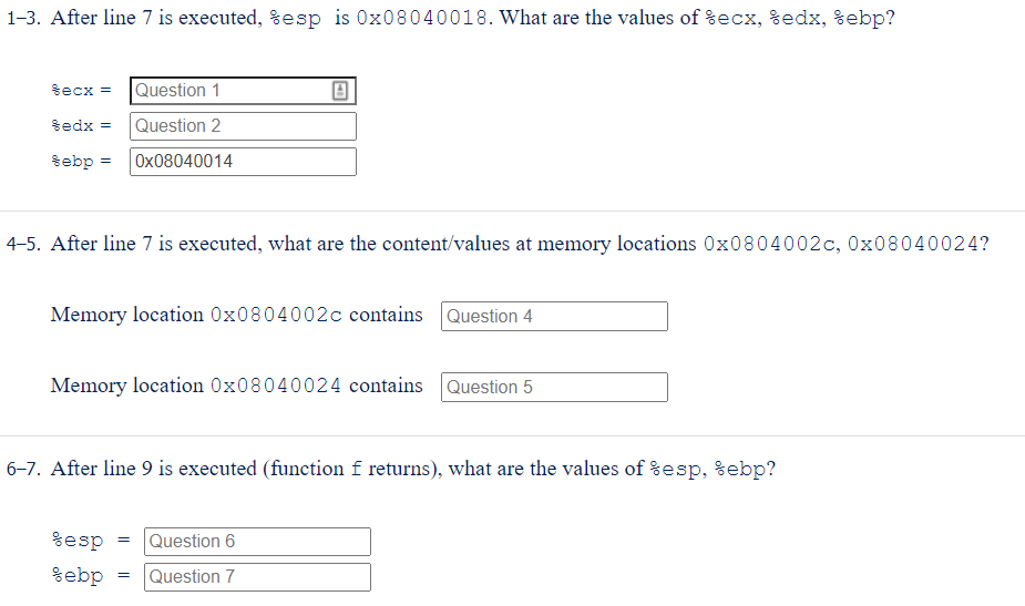 the C functions, GCC generated assembly and partial memory content below, answer