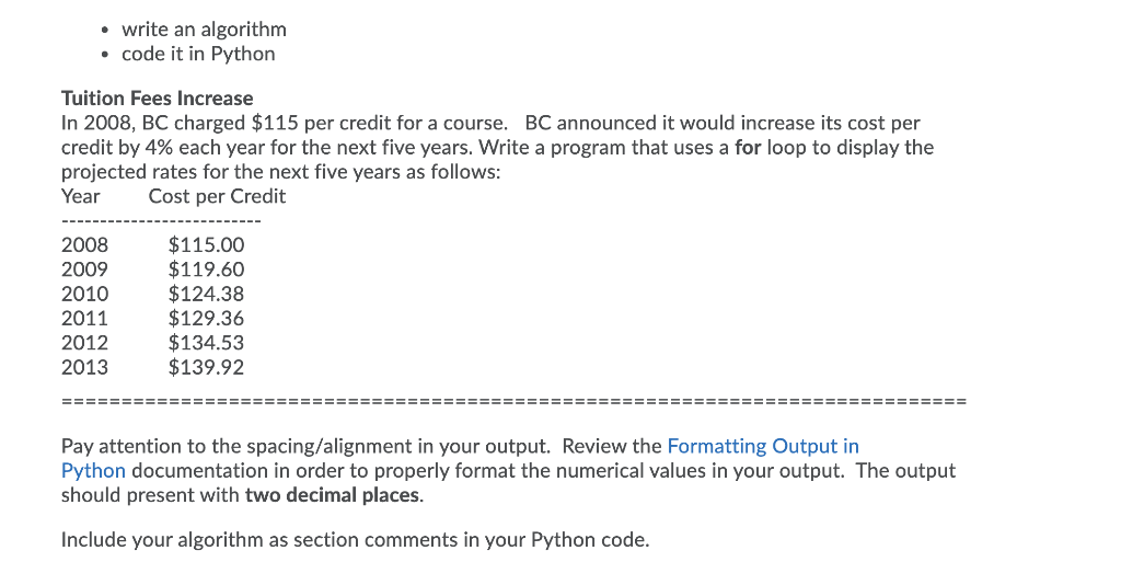  write an algorithm code it in Python Tuition Fees Increase In
