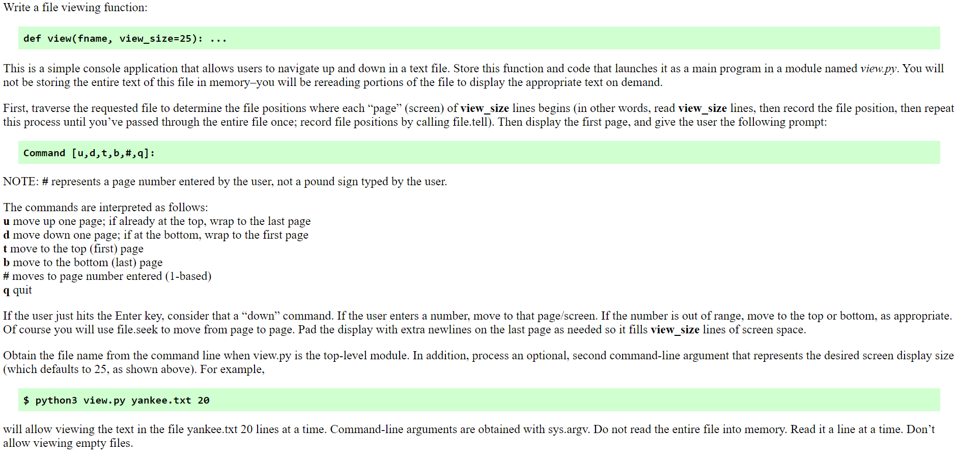 Write a file viewing function in python. Use any .txt file to