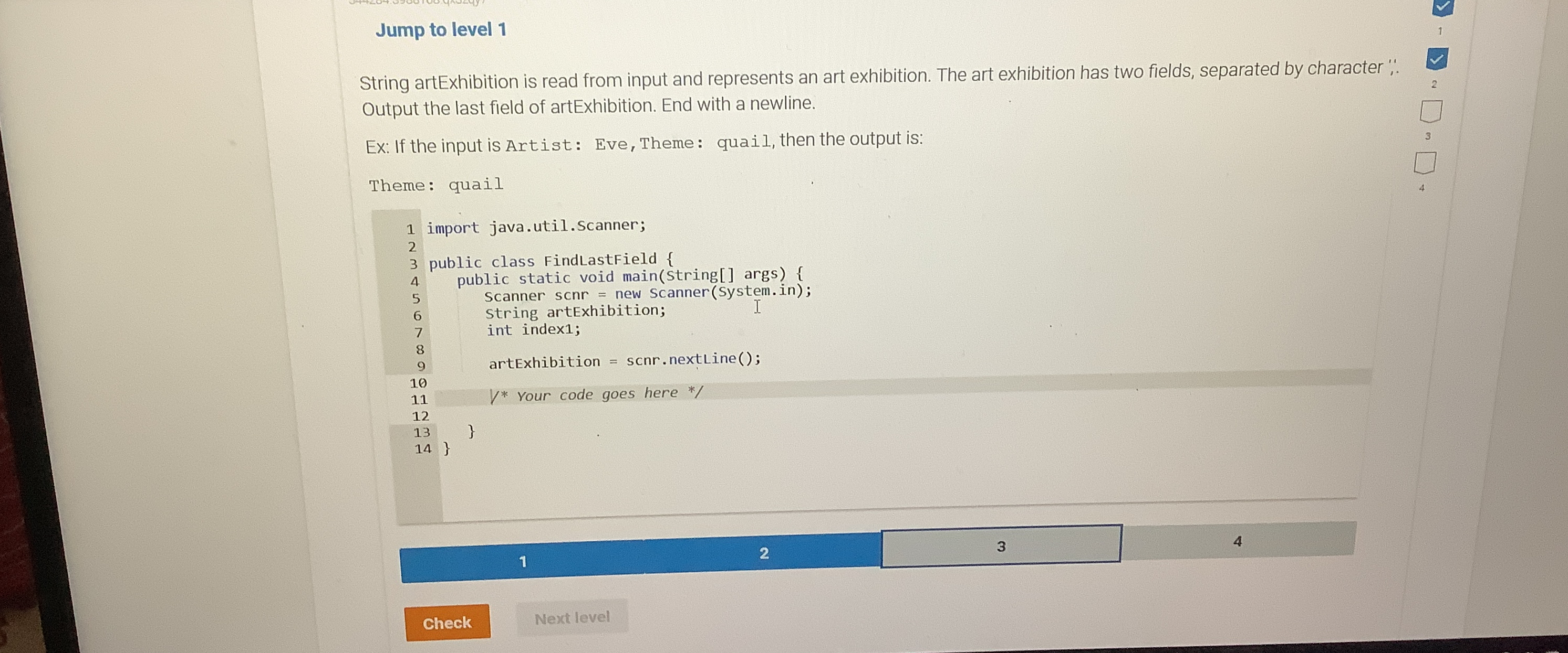  Jump to level 1 String artExhibition is read from input and