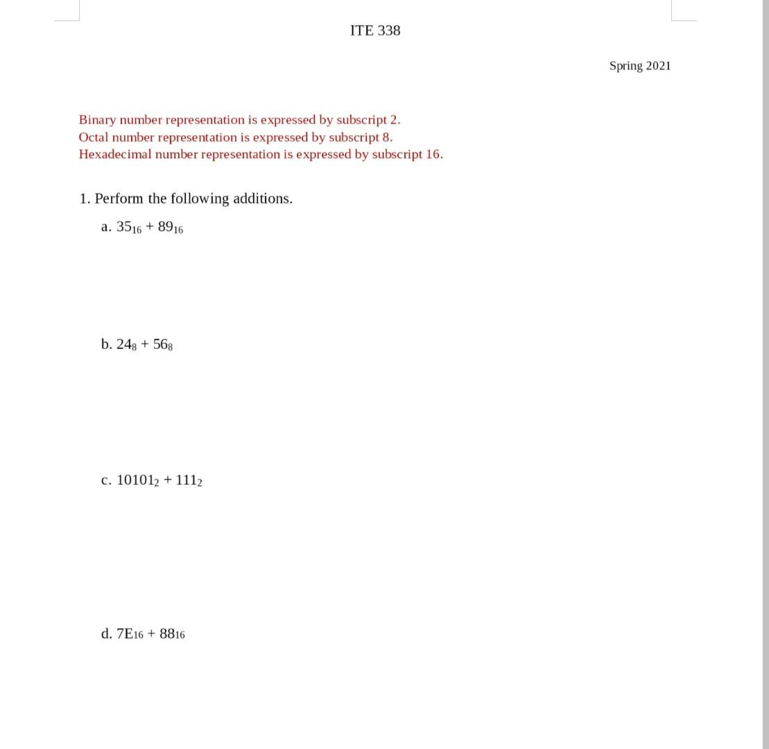  ITE 338 Spring 2021 Binary number representation is expressed by subscript