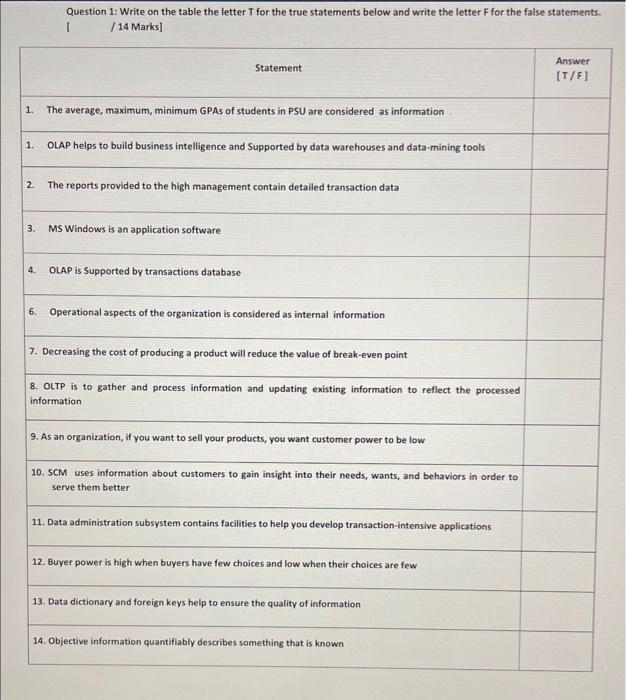  Question 1: Write on the table the letter T for the