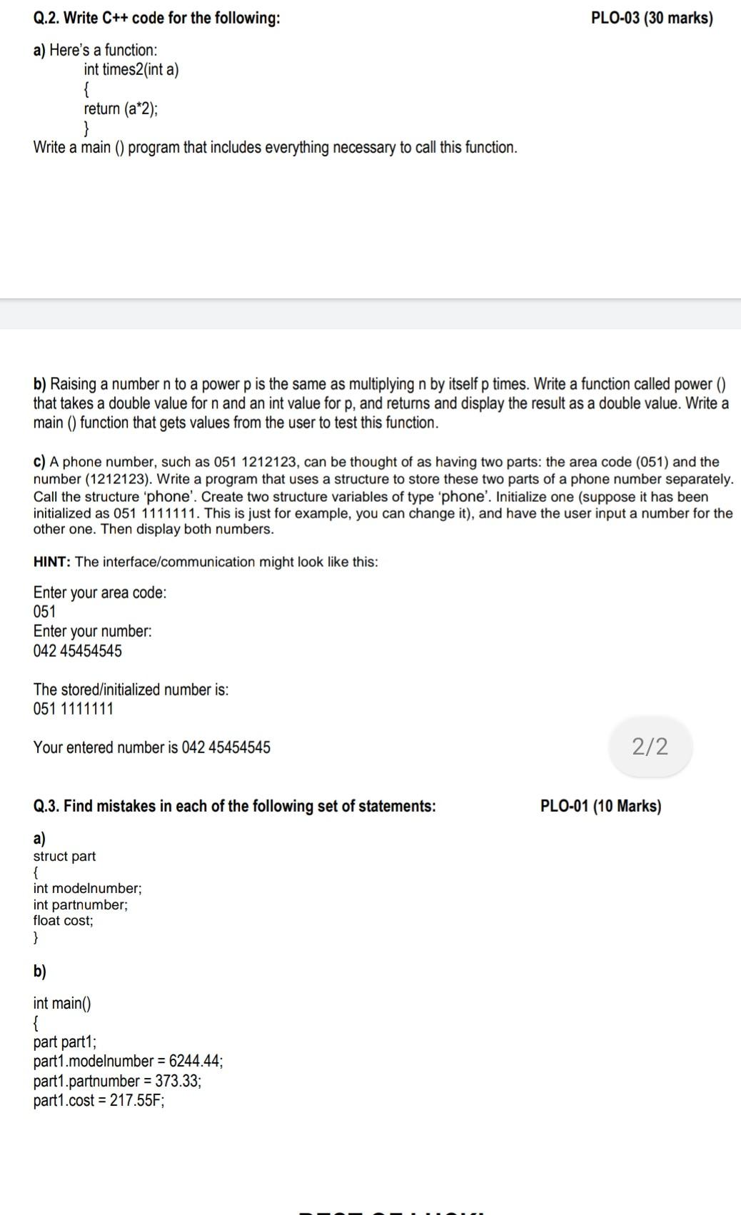  Q.2. Write C++ code for the following: PLO-03 (30 marks) a)