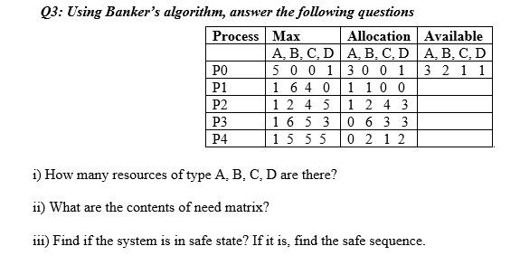  subject: operating system note: need a detailed answer Q3: Using Banker's