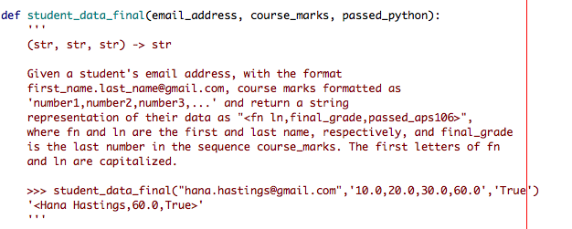 plz use python to slove this def student_data_final (email_address, course_marks, passed_python): (str,