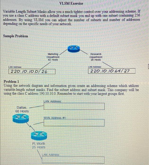 SWITCHING AND ROUTING VLSM Exercise Variable Length Subnet Masks allow you a