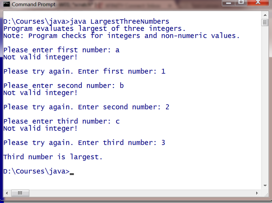 Pls help with a java assignment! D:\Courses \java> java LargestThreeNumbers Program