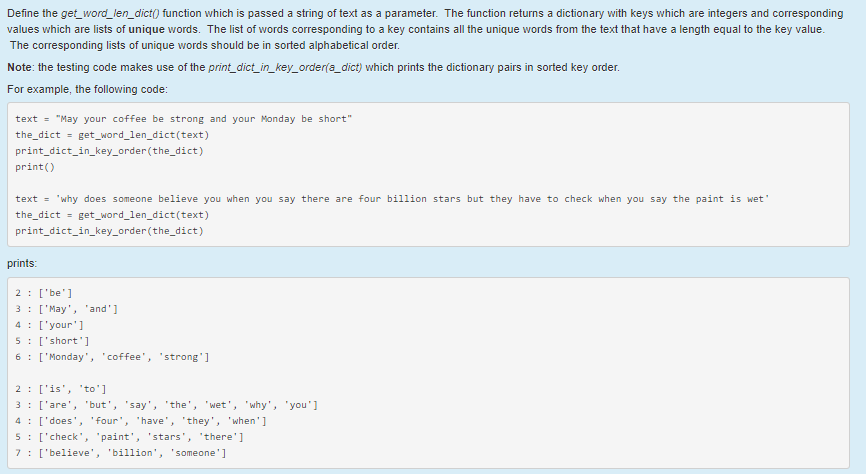  Need to do on python Define the get_word_len_dict0 function which is