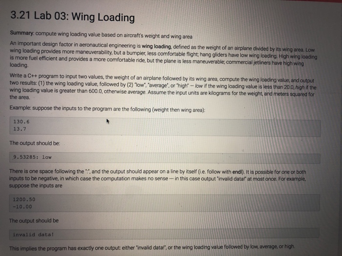  3.21 Lab 03: Wing Loading Summary compute wing loading value based
