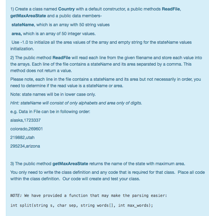  1) Create a class named Country with a default constructor, a