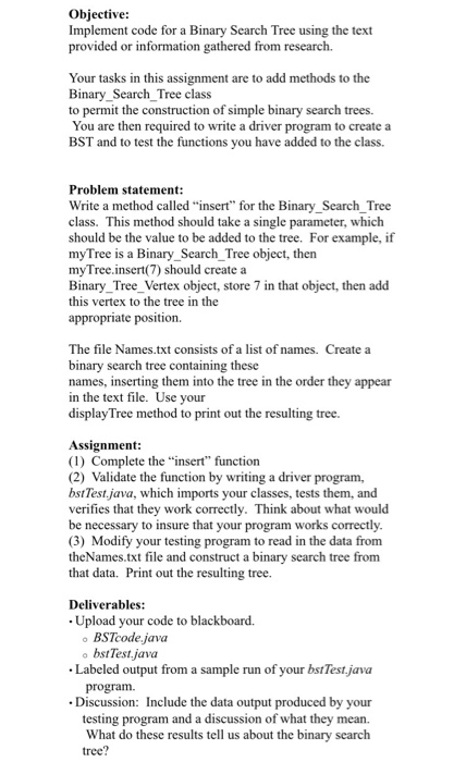  Objective: Implement code for a Binary Search Tree using the text