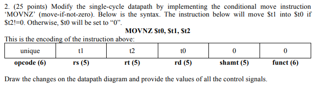  2. (25 points) Modify the single-cycle datapath by implementing the conditional