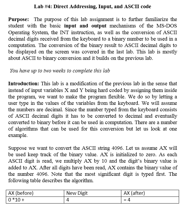 Assembly Processor x86 Lab #4: Direct Addressing, Input, and ASCII code Purpose: