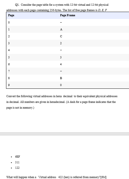  QI. Consider the page table for a system with 12-bit virtual