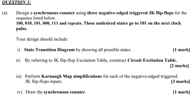  QUESTION 3: (a) Design a synchronous counter using three negative-edged triggered