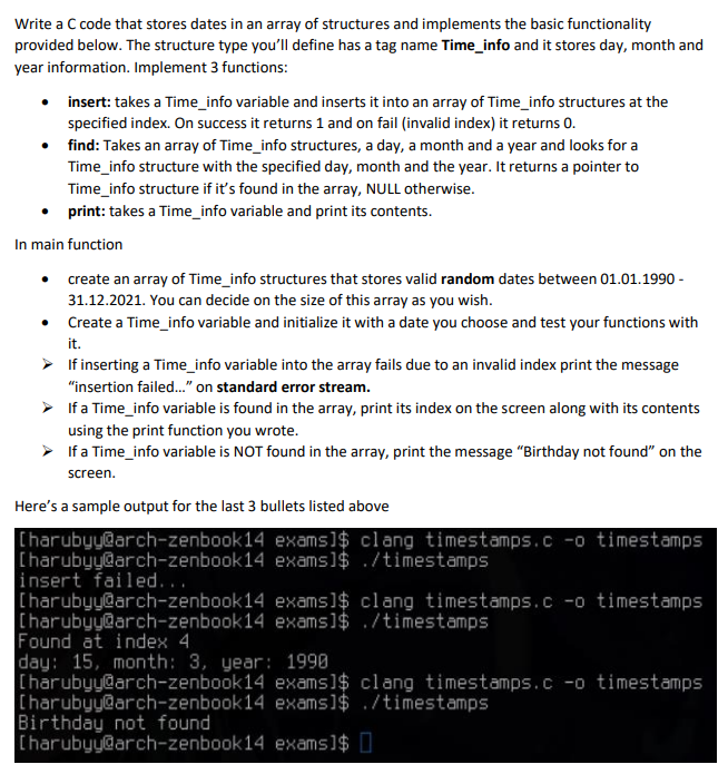  Write a C code that stores dates in an array of