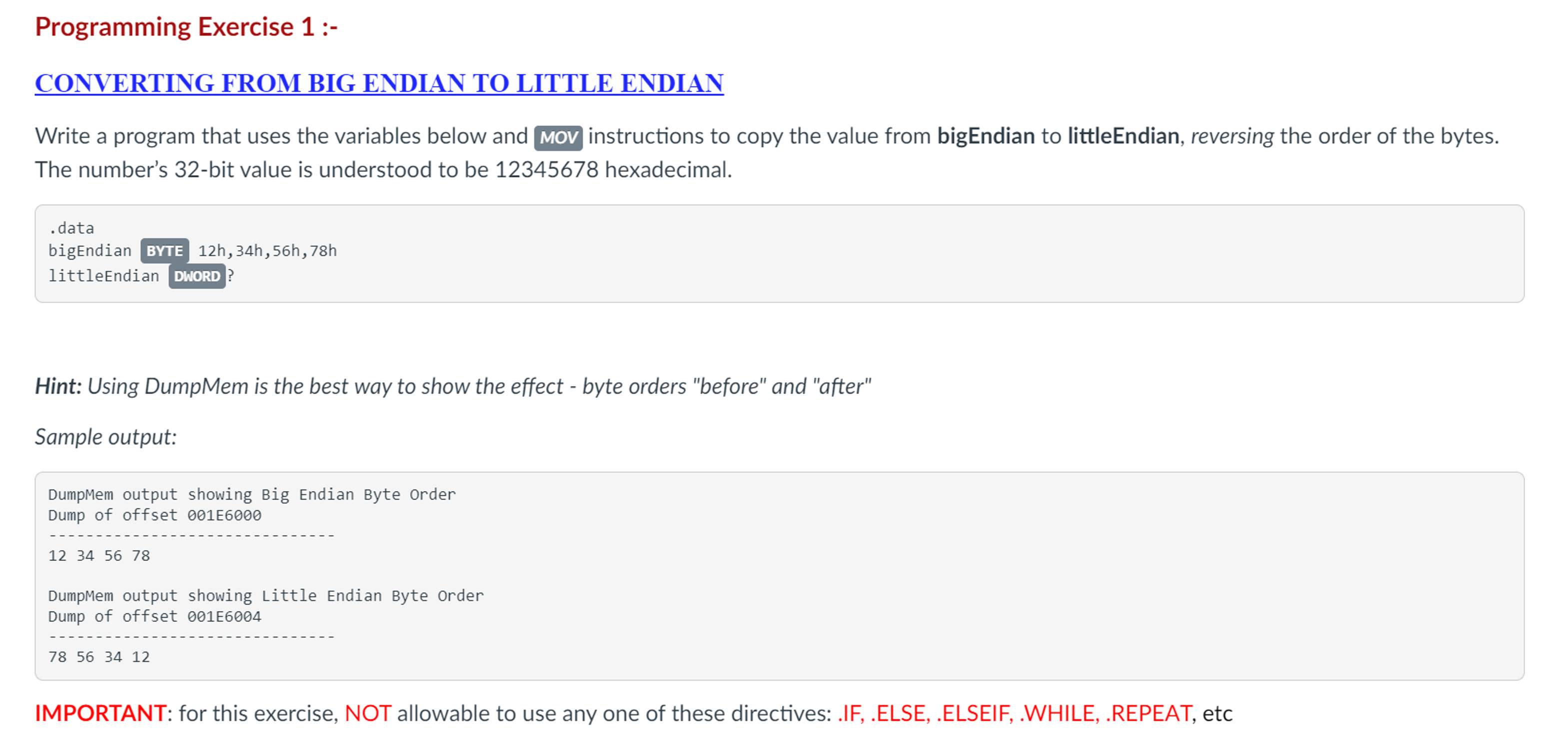  Programming Exercise 1 :- CONVERTING FROM BIG ENDIAN TO LITTLE ENDIAN