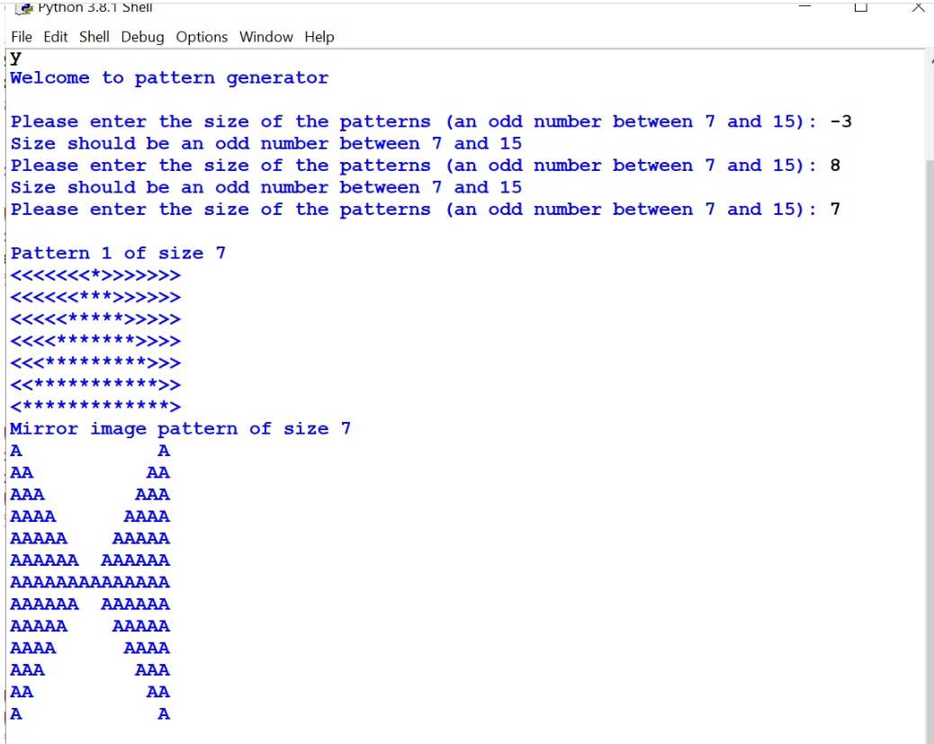 using for-loops given the size - an odd number between 7 and