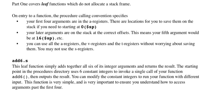  Part One covers leaf functions which do not allocate a stack