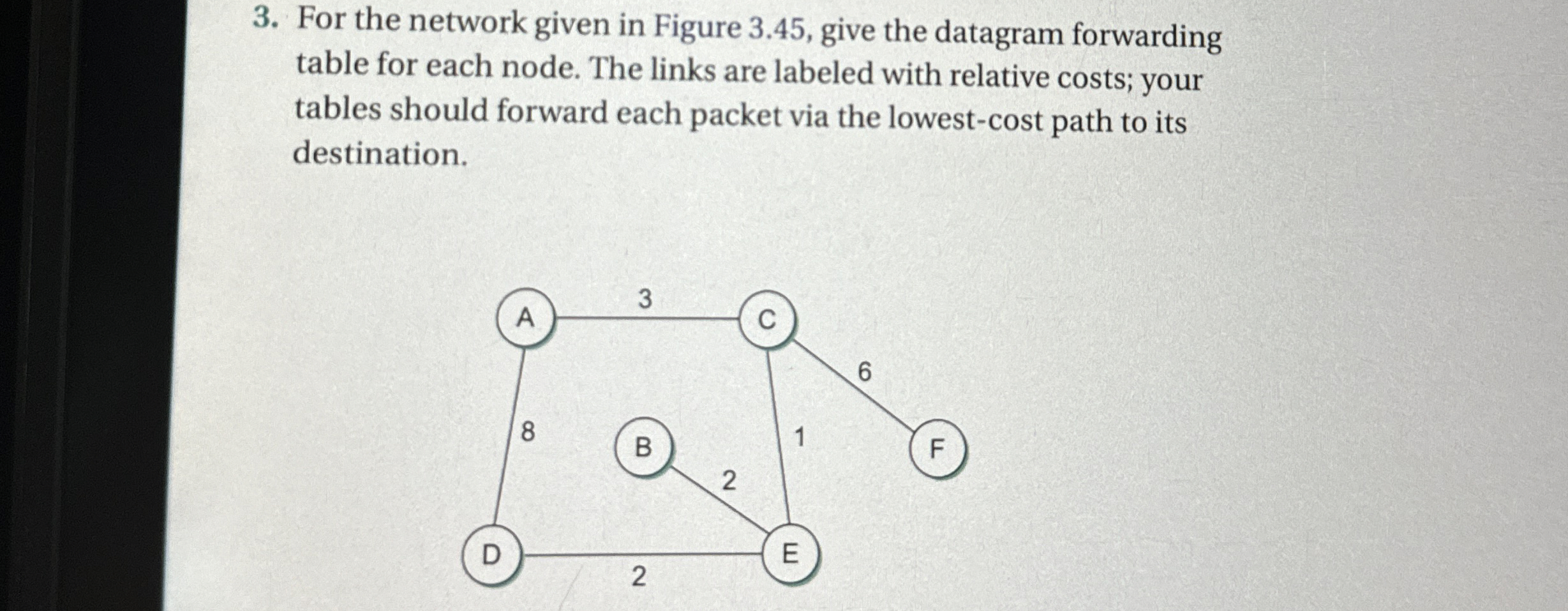  For the network given in Figure 3.45, give the datagram forwarding