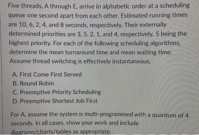 Five threads, A through E, arrive in alphabetic order at a