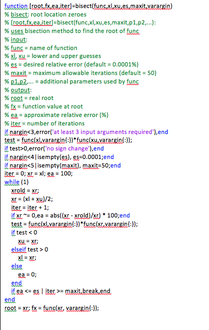 code for the bisection method as shown in Figure 12 to implement