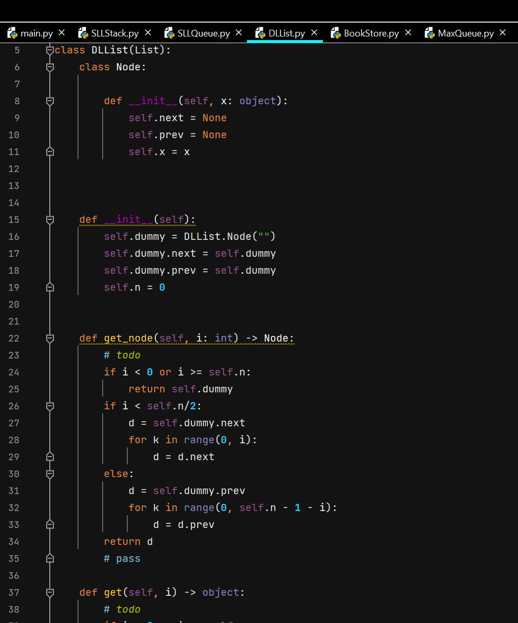 given below with errors... DLList.py code: MaxQueue.py code: SLLQueue.py: SLLStack.py code: DLList