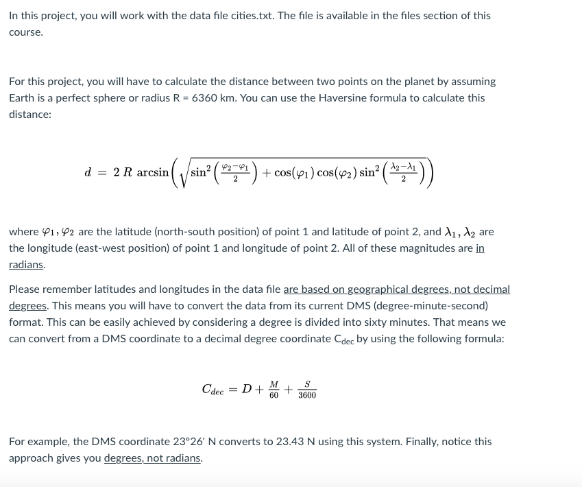  In this project, you will work with the data file cities.txt.