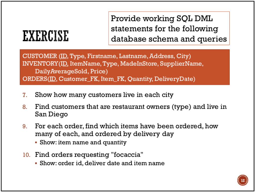 Provide working SQL DML statements for the following database schema and queries