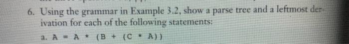  6. Using the grammar in Example 3.2, show a parse tree