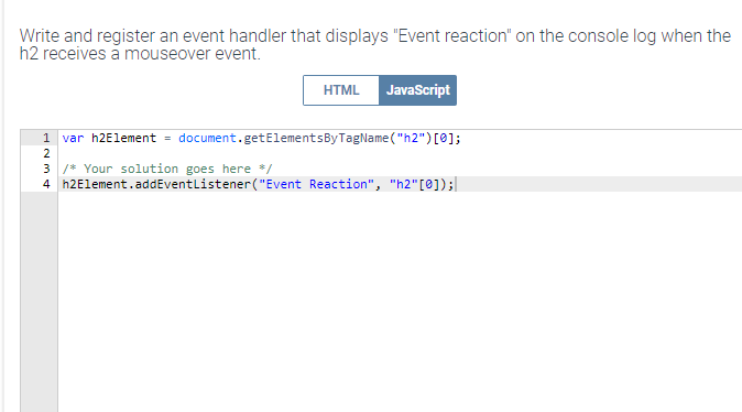 Write and register an event handler that displays "Event reaction" on