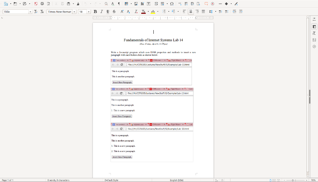 Write a Javascript program which uses DOM properties and methods to insert