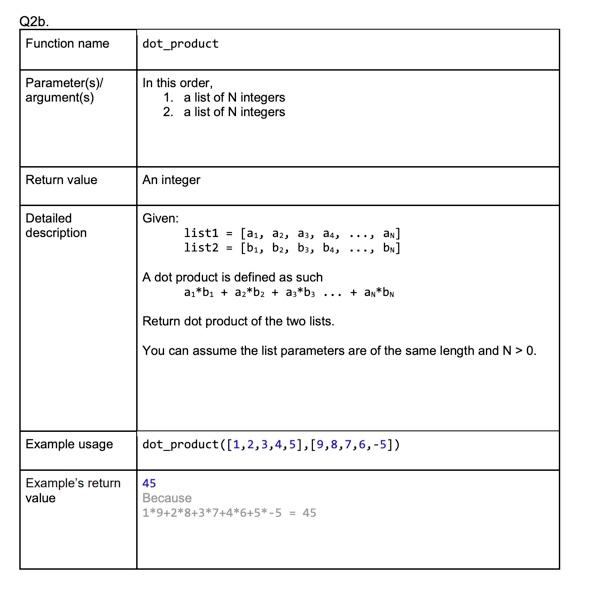 Write the following functions. Q2a. Function name question_2a Parameter(s) argument(s) In this