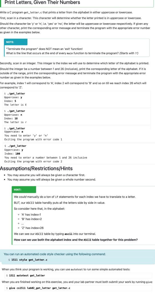  Write a C program get_letter.c that prints a letter from the