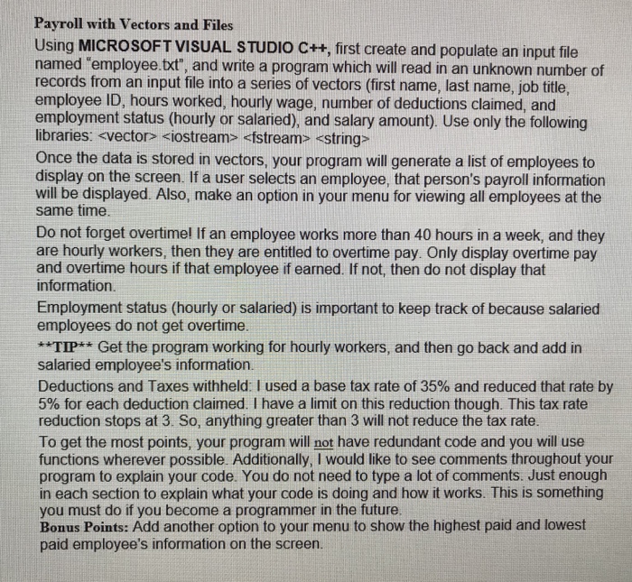  Payroll with Vectors and Files Using MICROsoFT VISUAL STUDIO C++, first