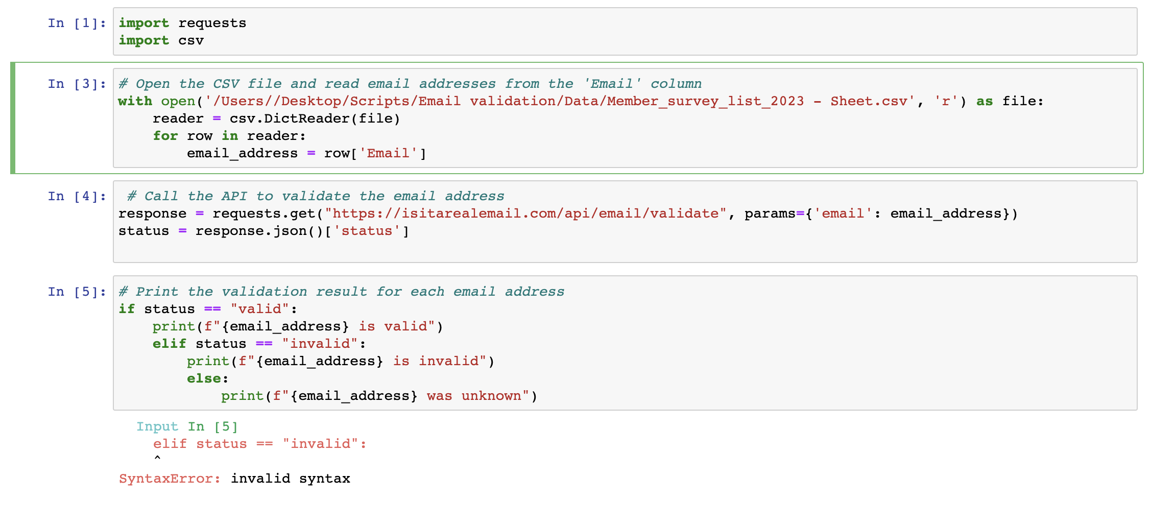 This doesn't seem to be an indentation error. Please help In [1]:importrequestsimportcsv