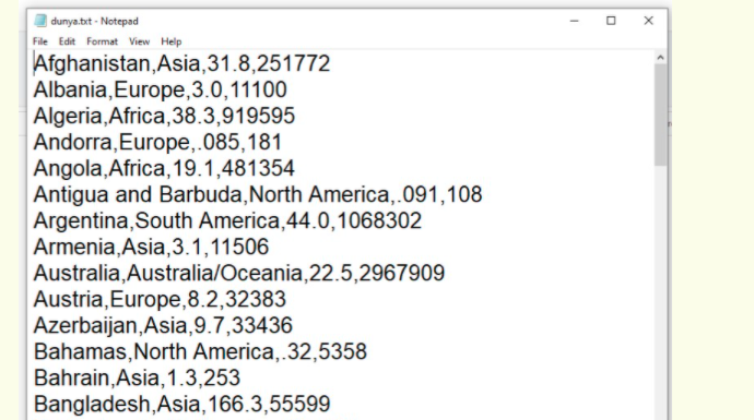 Continent name, Population (million) and Area (m2) information (Example: Turkey, Asia, 81.6,302535)