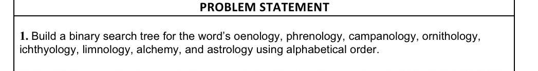  PROBLEM STATEMENT Build a binary search tree for the word's oenology,