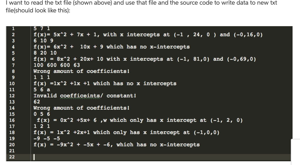 to another file that uses quadratic forumla to solve for x intercepts.