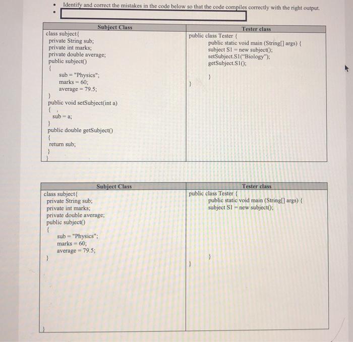  java Identify and correct the mistakes in the code below so