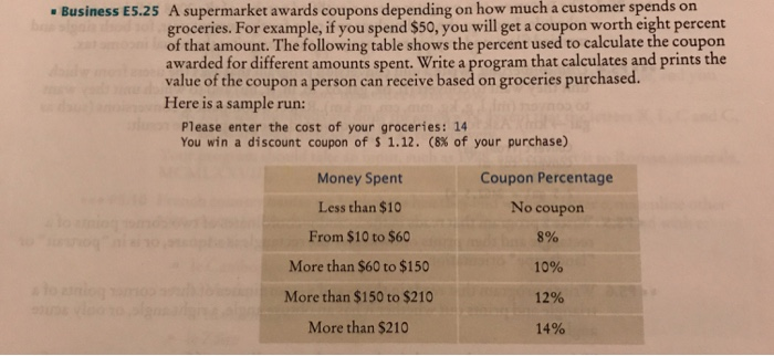  USE JAVA Business ES.25 A supermarket awards coupons depending on how