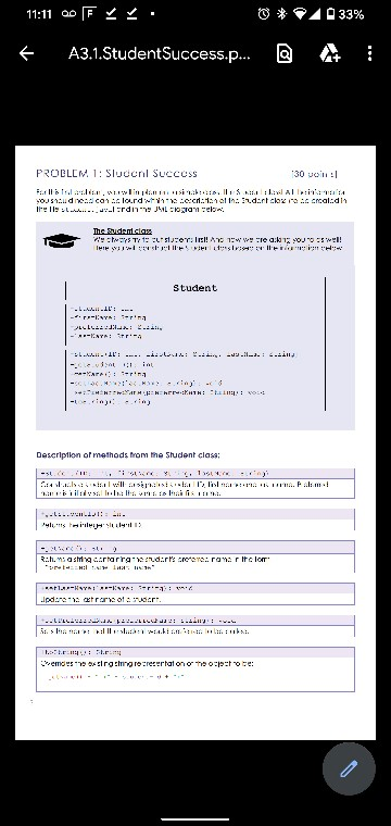java 11:11 F . 0 * 33% A3.1.StudentSuccess.p... PROBLEM 1: Sluonl