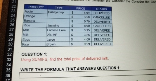  \table[[PRODUCT,TYPE,,,STATUS],[Apple,Honeycrisp,$,6.99,DELIVERED],[Orange,,$,3.50,CANCELLED],[Banana,,$,0.70,DELIVERED],[Rice,Jasmine,$,8.90,CANCELLED],[Milk,Lactose Free,$,3.25,DELIVERED],[Milk,2%MF,$,3.25,DELIVERED],[Eggs,Large,$,4.00,DELIVERED],[Rice,Brown,$,9.99,DELIVERED]] QUESTION 1: Using SUMIFS, find the total price of