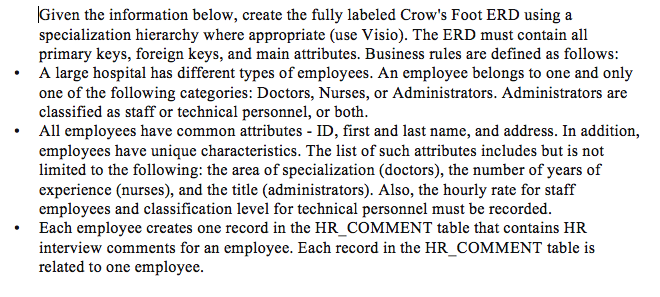  Given the information below, create the fully labeled Crow's Foot ERD
