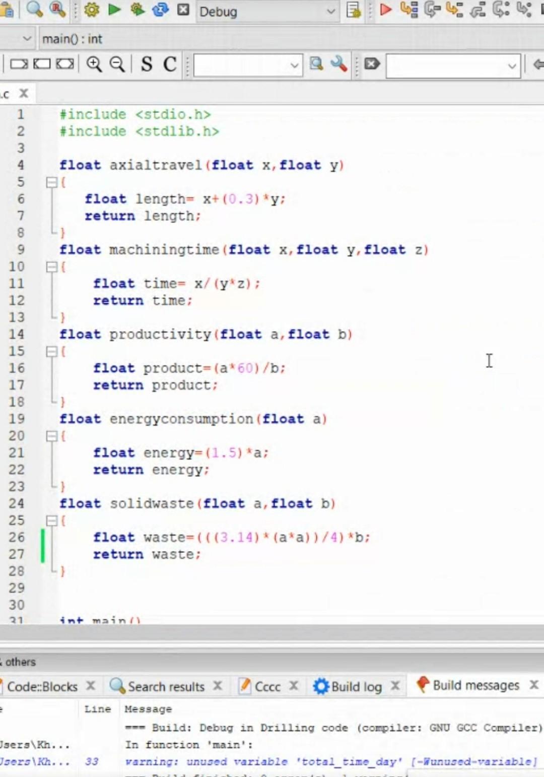 Program should also include the diameter and angle required to produce the