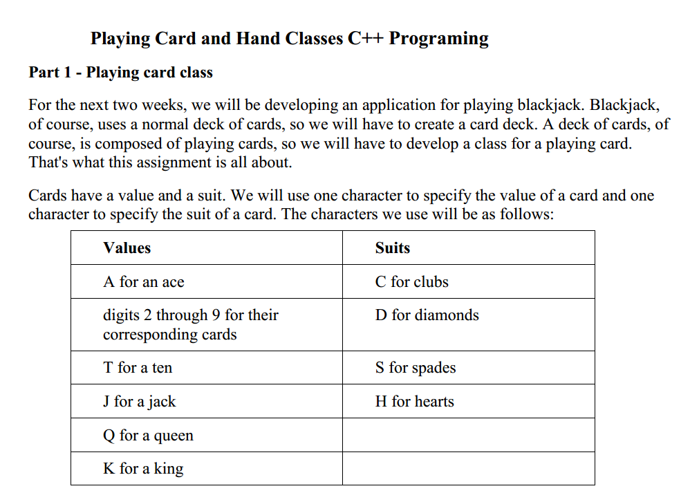 Playing Card and Hand Classes ( C++ programming) Playing Card and Hand