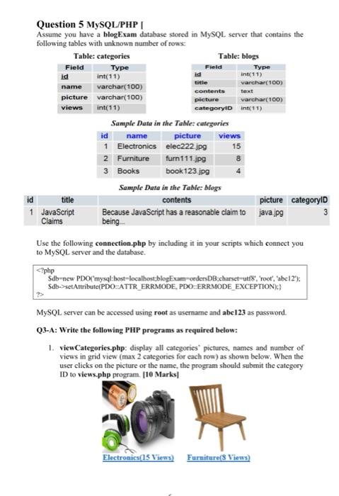  text Question 5 MySQL/PHP Assume you have a blogExam database stored