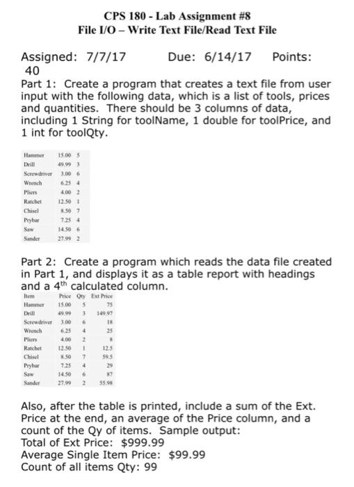  CPS 180 Lab Assignment #8 File I/O-Write Text File/Read Text File