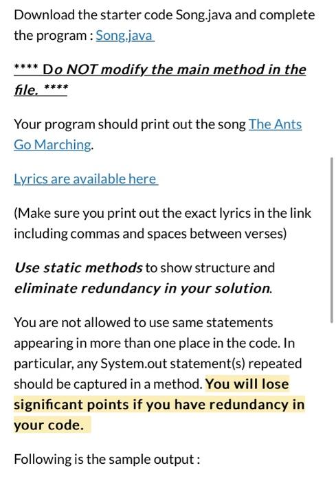  Download the starter code Song.java and complete the program : Song.java